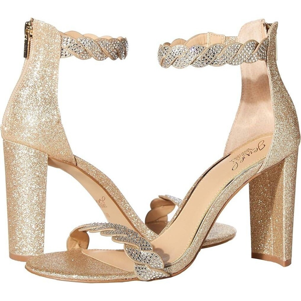 Jewel Badgley Mischka Gold Glitter Rhinestone Heels Ankle Strap Size 9 NEW